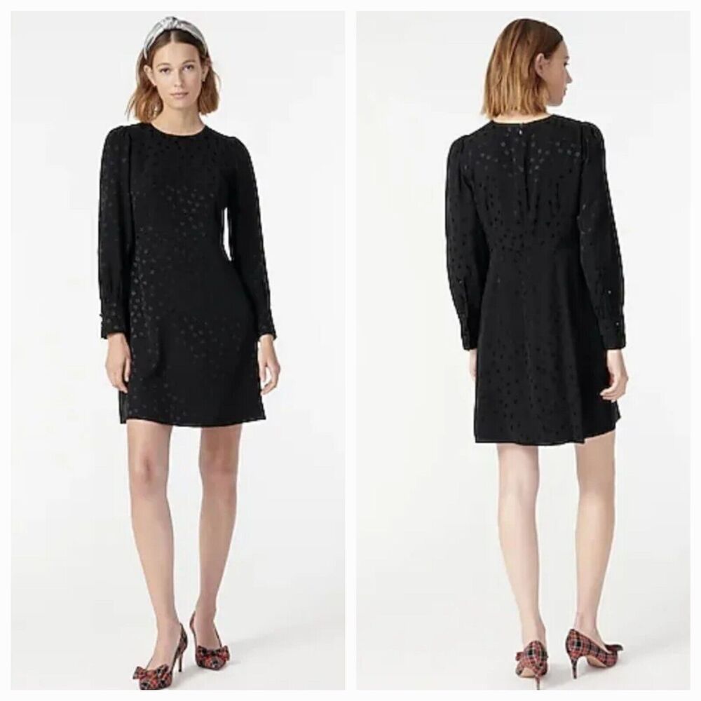 J.Crew Black Shift Dress in Jacquard Floral Dot Size 4 Long-Sleeve NWT